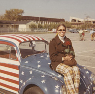 Diane J. Powell (née Badagliacca) B.S.'72, M.B.A '89, A.N.P. '98 on a vintage car